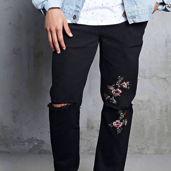 mens jeans with rose embroidery